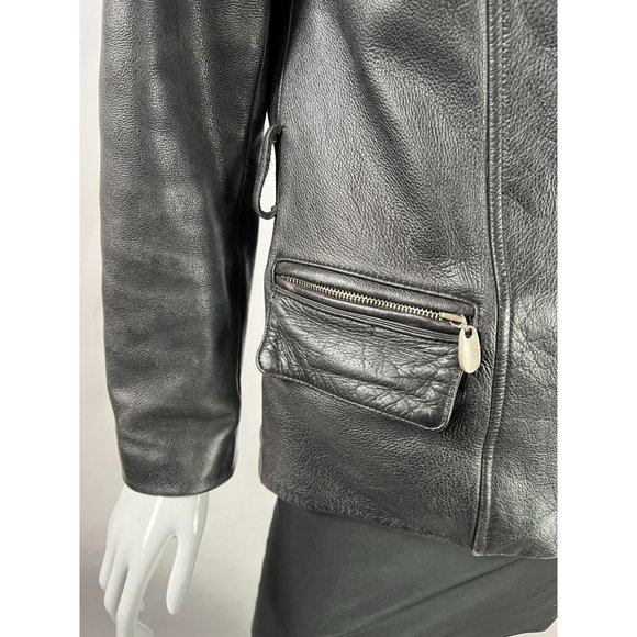 Vintage Guess Leather Jacket sz S Black Motorcycle Asymmetrical Zip Pockets Line - Picture 13 of 16